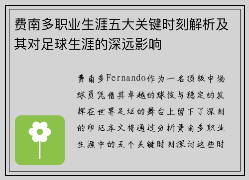 费南多职业生涯五大关键时刻解析及其对足球生涯的深远影响
