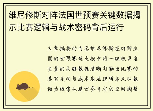 维尼修斯对阵法国世预赛关键数据揭示比赛逻辑与战术密码背后运行